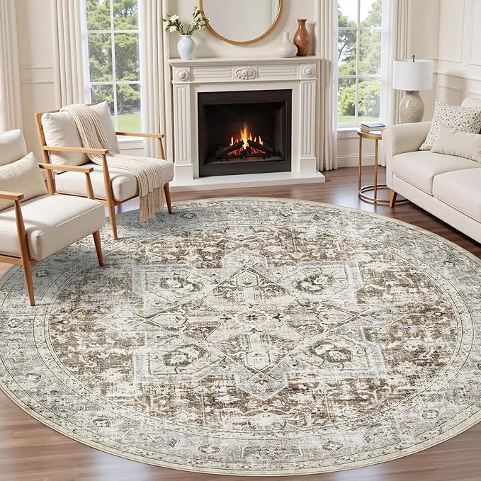 Tortania 10' Round Area Rug Living Room Rugs - Washable Boho Rug Vintage Oriental Distressed Farmhouse Large Thin Indoor Carpet for Bedroom Under Dining Table Home Office - Brown Blue