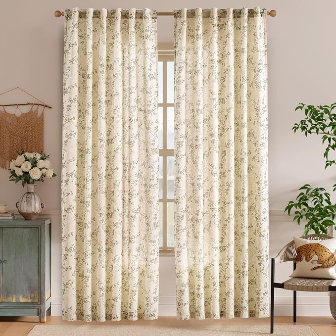 Lazzzy 90 inch Long Curtain for Bedroom Green Floral Linen Drapes for Living Room Farmhouse Country Vintage Light Filtering Curtains Rod Pocket Back Tab, 2 Panels, Green on Beige