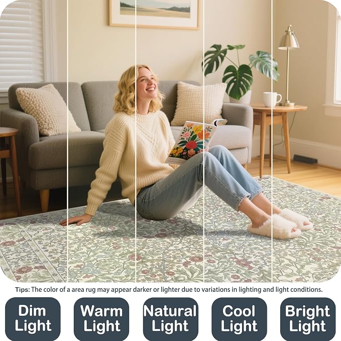 Washable 2' x 6' Runners for Hallways, Non Slip Long Floor Runner for Kitchen, Entryway Indoor, Stain Resistant Rubber Backing Floral Decor Rug (Light Green)