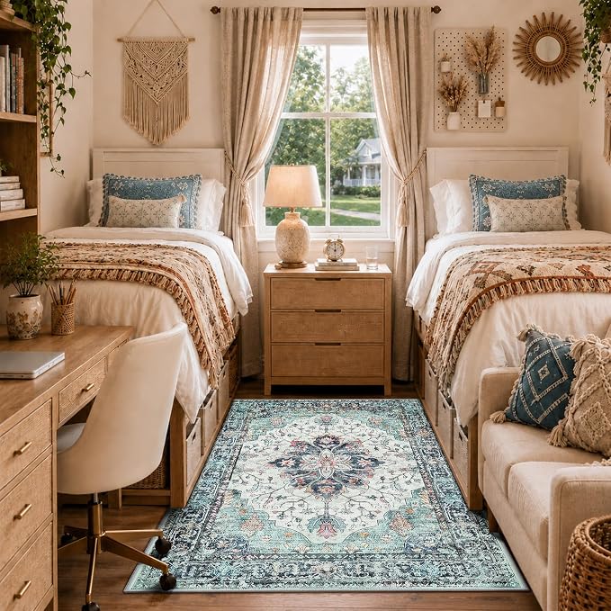 RELEANY Area Rugs 3'x5' Washable Non-Slip, Floral Vintage Distress Medallion Carpet for Living Room Bedroom Dining Room, Green Navy Blue White Red Teal