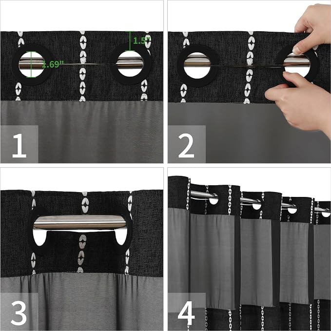 eachope No Hook Long Shower Curtain Set with Snap-in Fabric Liner,Linen Textured Thick Striped Fabric with Tassels,Boho Farmhouse Rustic Luxury Bathroom Curtain,Water-Repellent,Black,71x80