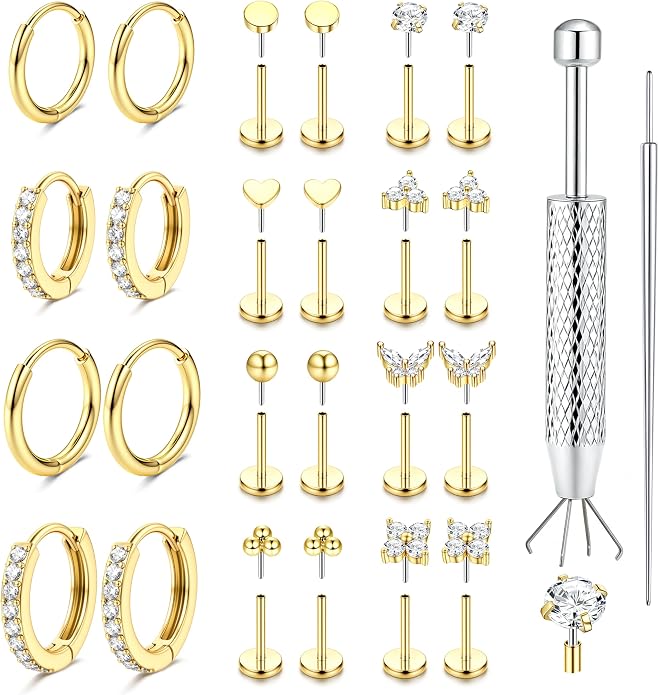 ORAZIO 16G/18G/20G Flat Back Earrings for Women Threadless 316L Surgical Steel Stud Hoop Earrings Push in Nose Studs Hypoallergenic Cartilage Earring Stacks Labret Helix Tragus Conch Piercing Jewelry