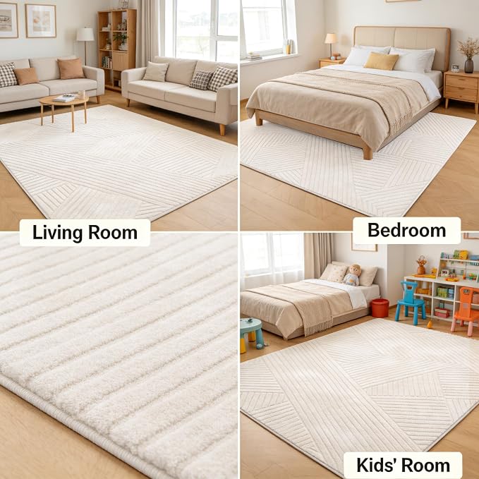 5x7 Beige Solid Geometric Area Rugs for Living Room Bedroom, Washable | High-Low Pile Textured Carpet, Ultra Soft, Durable, Non-Slip, Fluffy Floor Rugs for Bedroom, Kids Room, Nursery, Home Décor