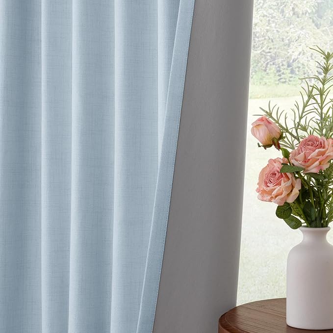 INOVADAY 100% Blackout Curtains for Bedroom, Chambray Blue Black Out Curtains 90 Inch Long, Clip Rings Linen Blackout Drapes, Thermal Insulated Room Darkening for Living Room, 2 Panels - W50xL90