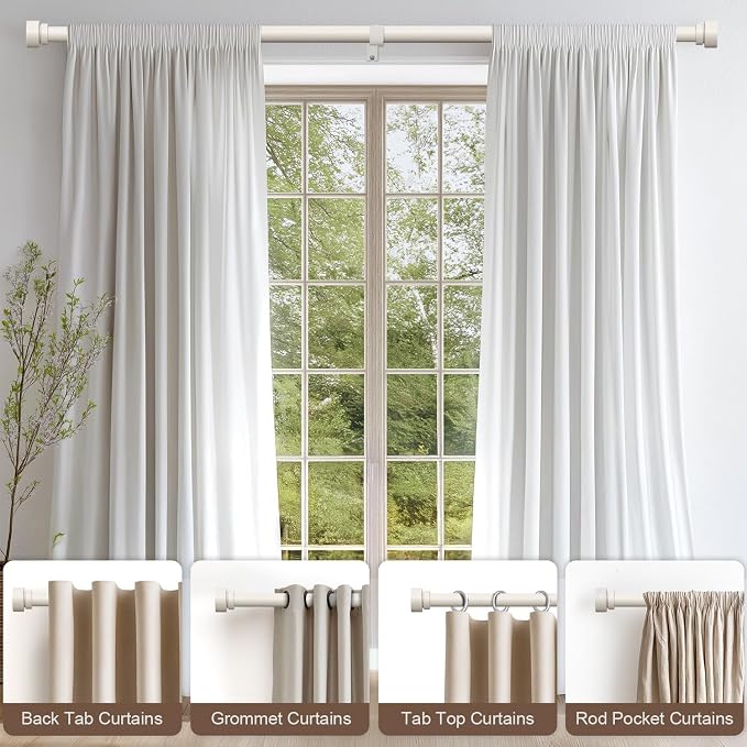 Lootkell Modern White Curtain Rods for Windows 66 to 120 Inches Adjustable Length Heavy Duty 1" Diameter Window Curtain Rod with Decorative Finials for Outdoor Farmhouse Bedroom Kitchen Living Room