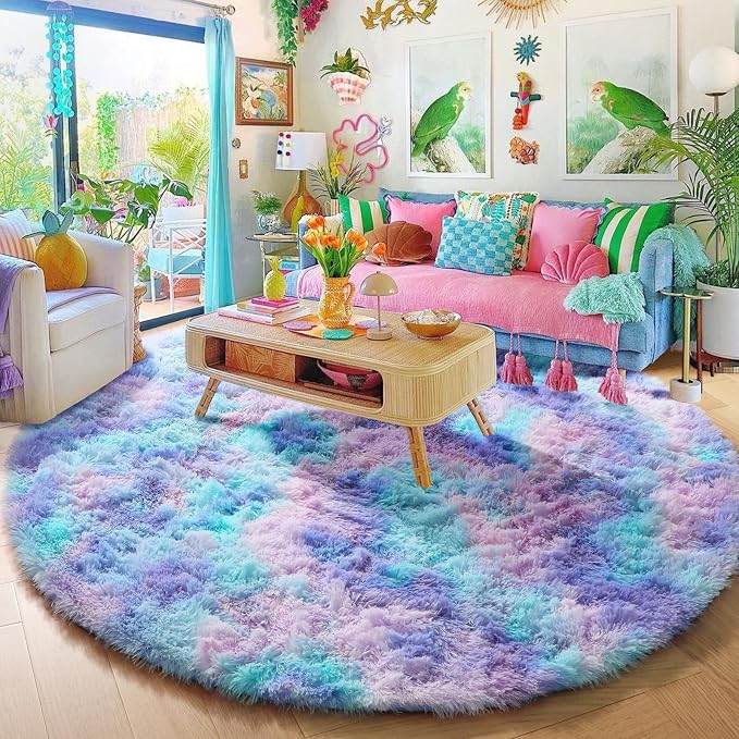 Amdrebio Purple Rainbow Round Area Rug 7Ft for Girls Bedroom Living Room Decor, Colorful Floor Mermaid Kids Rugs for Playroom Nursery Classroom, Fluffy Fuzzy Cute Plush Carpet, Large Big Circle Rug