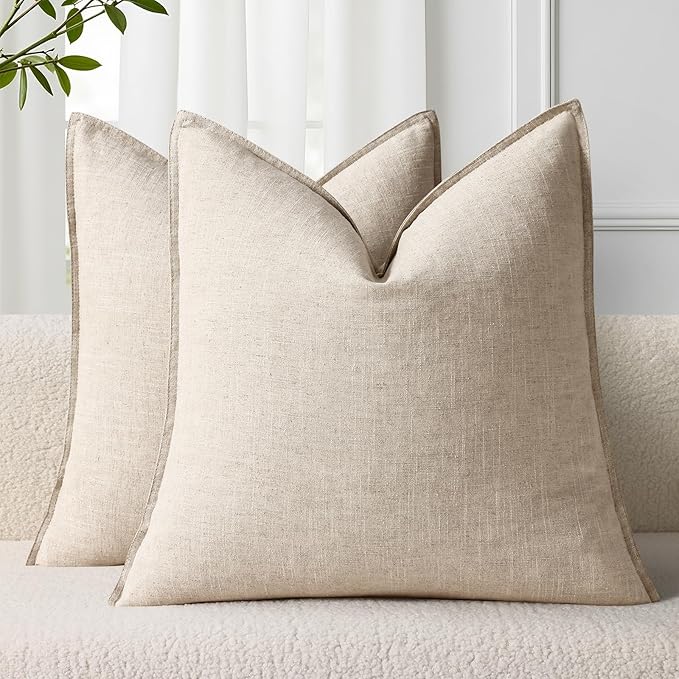 decorUhome Fall Beige Linen Throw Pillow Covers 18x18 Set of 2 | Decorative Soft Cozy Modern Farmhouse Boho Accent Pillow Cases with Flange Edges for Couch Bed Sofa Living Room Home Decor