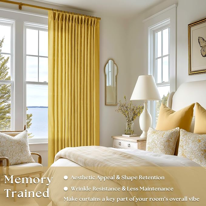 Mustard Yellow 90 Inch Thick Linen Curtains Pinch Pleated 2 Panels Set | for Living Room Bedroom Dining, Semi Sheer Light Filtering, Pinch Pleat Drapes Hooks Rings Back Tab, Gold Harvest Spring