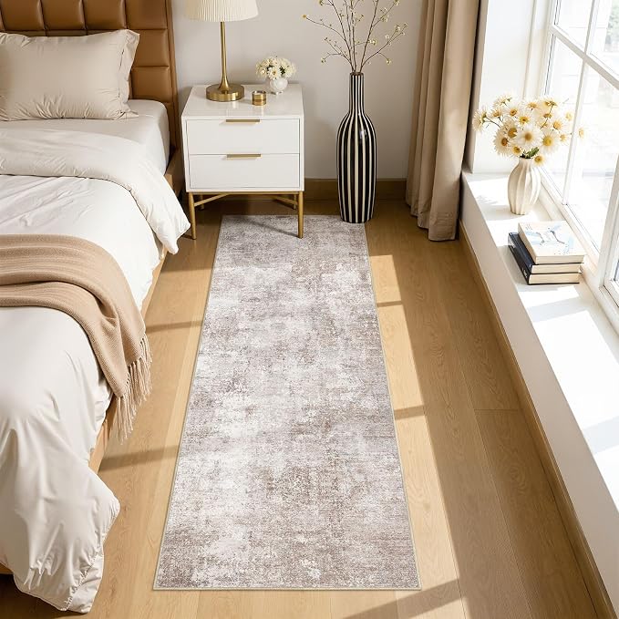Machine Washable Runner Rug 2x6, Non Slip Soft Rug for Hallway | Modern Abstract Carpet, Stain Resistant and Kid & Pet Friendly, Low Pile Joint Friendly, Made for Kitchen, Bedside - Brown