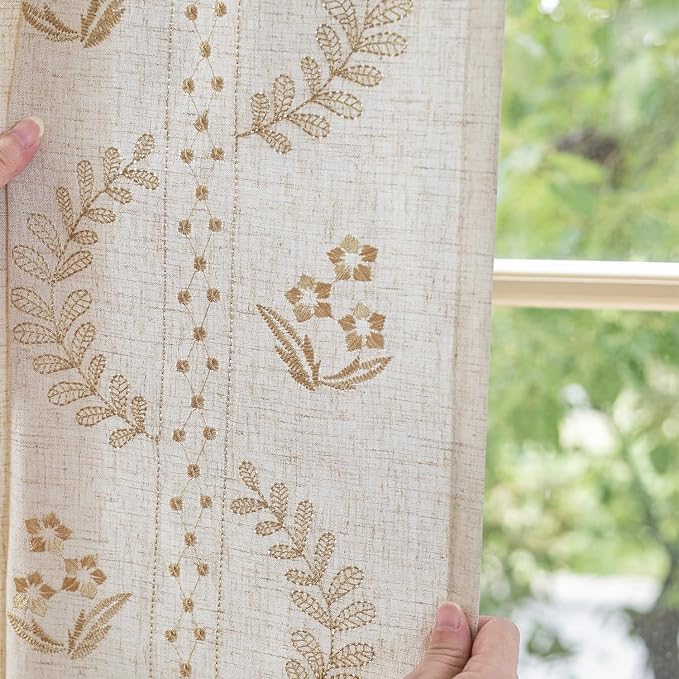 jinchan Floral Linen Curtains 84 Inch Farmhouse Back Tab 2 Panels Beige | Embroidered curtains,boho curtains,living room,bedroom,light filtering,privacy,flower patterned drapes,window treatment