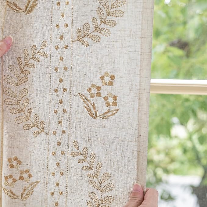 jinchan Floral Linen Curtains 63 Inch Farmhouse Back Tab 2 Panels Beige | Embroidered curtains,boho curtains,living room,bedroom,light filtering,privacy,flower patterned drapes,window treatment