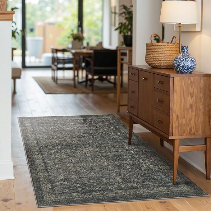 Rugxara 3x5 Washable Entryway Rug, Non Slip Boho Runner Rugs for Hallway, Entrance, Kitchen, Bathroom, Laundry Room, Soft Entryway Carpet, Throw Low Pile Retro Imitation Wool Carpet, Moss Brown
