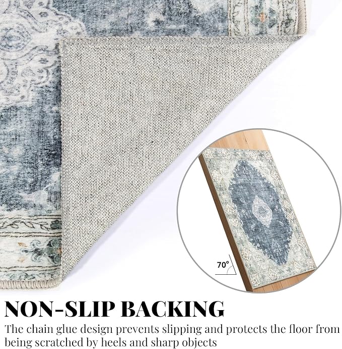 MUJOO 2'x3' Rug Small Washable Area Rugs Non Slip Low-Pile Floral | Machine Washable Throw Carpet for Entryway Kitchen Bathroom Bedroom Boho Soft Indoor Vintage Abstract Flowers Blue and Grey