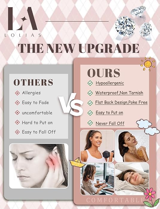 LOLIAS Hypoallergenic Flat Back Earrings for Women Girls-Surgical Stainless Steel Earrings for Sensitive Ears-Cute Flatback Stud Earring Set Small Hoops Cartilage Earring Stacks