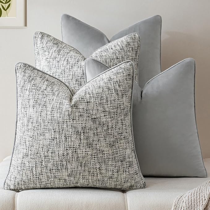 a moment Grey 4 Pack Throw Pillow Covers - Chenille & Velvet Set with Piping, Farmhouse Textured Design Pillow Cases for Couch Sofa Bed Livingroom (16x16 Inch, No Insert)