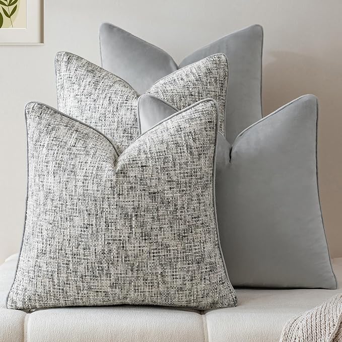 a moment Grey 4 Pack Throw Pillow Covers - Chenille & Velvet Set with Piping, Farmhouse Textured Design Pillow Cases for Couch Sofa Bed Livingroom (18x18 Inch, No Insert)