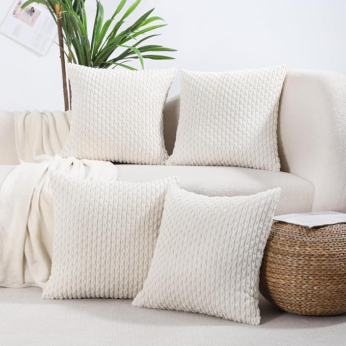 VAKADO Couch Decorative Throw Pillow Covers Cream White 20x20 Set of 4 Boho Corduroy Home Living Room Neutral Rustic Farmhouse Cushion Case Decor Square for Bed Sofa