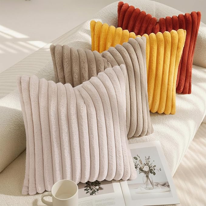 decorUhome Fall Faux Fur Throw Pillow Covers 20x20 Set of 2 Beige | Decorative Soft Cozy Striped Plush Modern Farmhouse Boho Couch Pillow Cases Velvet Back for Sofa Bed Living Room Home Decor