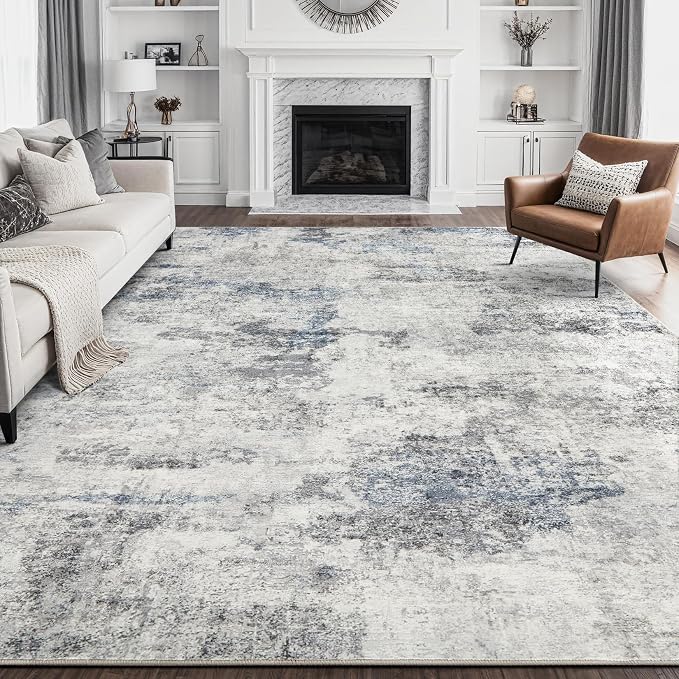DMOYEST 10x12 Area Rug for Living Room, Washable & Non Slip Large Indoor Carpet, Kid & Pet Friendly Soft Thin Low Pile Abstract Rug for Bedroom and Office - Grey Blue