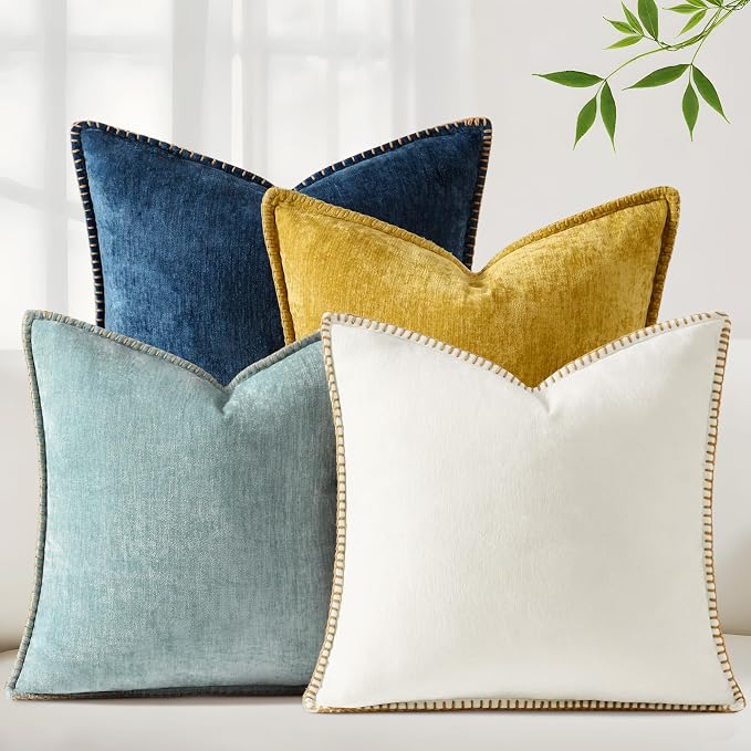 decorUhome Fall Soft Decorative Chenille Throw Pillow Covers 16x16 Set of 4 | Aqua Blue Cozy Decorative Modern Farmhouse Neutral Pillow Cases with Stitched Edge for Couch Sofa Bed Living Room Home Decor