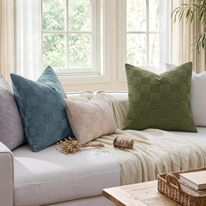 A moment Set of 2 Decorative Linen Throw Pillow Covers,Large Grid Textured Neutral Boho Farmhouse Cushion Covers,Soft Aesthetic Pillowcases for Couch Sofa Living Room Home Decor,20x20 Inch,Olive Green