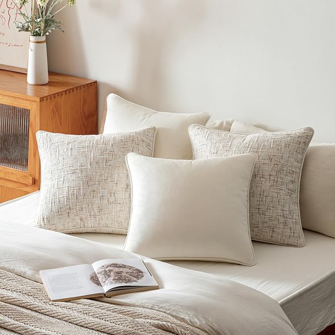a moment Beige 4 Pack Throw Pillow Covers - Chenille & Velvet Set with Piping, Farmhouse Textured Design Cushion Cases for Couch Sofa Bed (20x20 Inch, No Insert)