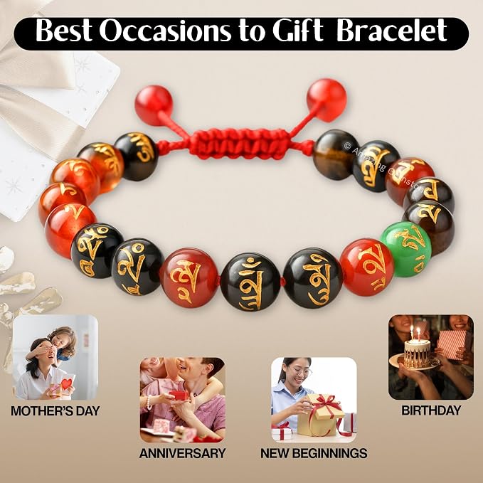 Amazing Gemstone Om Mani Multi Gems Bracelet for Women Men's Gifts - Protection Healing Crystal Bracelet - 8mm Gemstones Beaded Adjustable Bracelet Pulseras para Hombres Mujer Stocking Stuffers