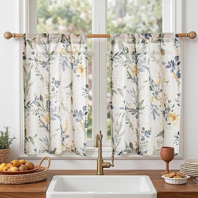 MYSKY HOME Floral Kitchen Curtains 30 Inch Length Linen Tier Curtains Farmhouse Blue Flower Patterned Small Window Treatments Airy Light Filtering Rod Pocket for Living Room 2 Panels,Each 26" W