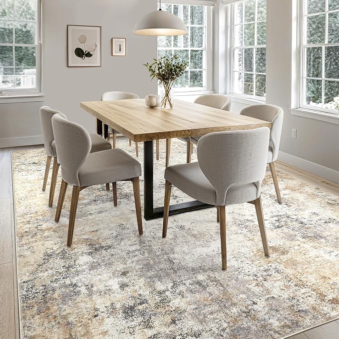 UERMEI 6x9 Washable Area Rug - Neutral Modern Abstract Living Room Rugs, Non-Slip Soft Large Indoor Floor Carpet for Bedroom Home Office & Under Dining Table Decor, Golden Grey