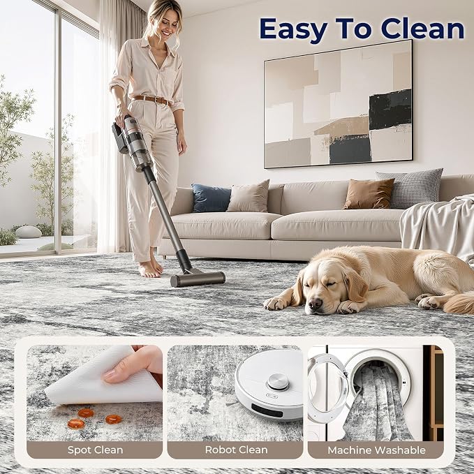 DMOYEST 6x9 Area Rug - Washable & Non Slip Indoor Rug for Living Room, Kid & Pet Friendly Abstract Low Pile Soft Carpet for Bedroom and Dining Room - Grey