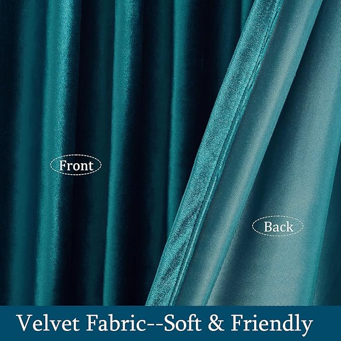 Elegant Teal Velvet Curtains 102 inches for Living Room,Luxury 2 Panels Bluish Green Room Darkening Rod Pocket Back Tab Curtain Thermal Insulated Soundproof Noice Reducing Window Drapes for Bedroom