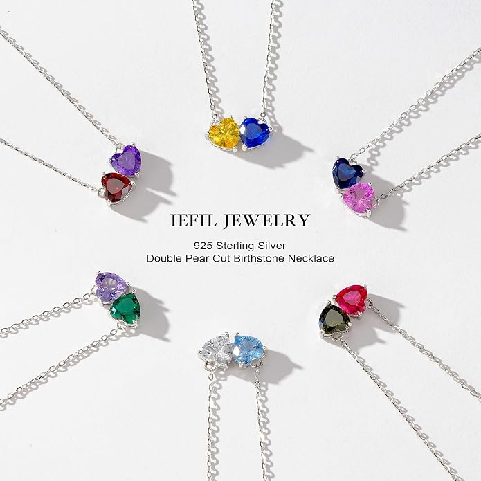 Iefil 1.25Ct Double Heart Birthstone Necklace - 925 Sterling Silver Birthstone Necklace, Birthday Gifts for Women, Jewelry Gifts for Mom Daughter Wife