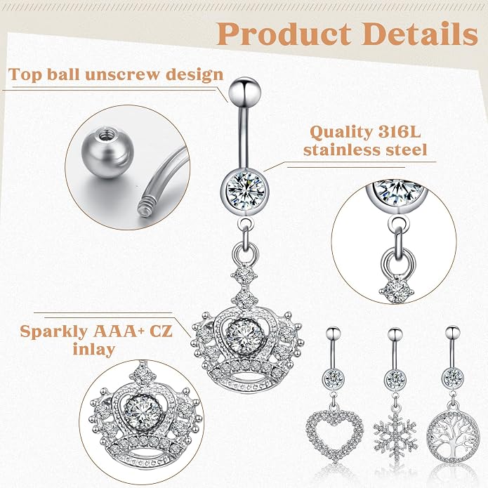 Junkin 20 Pcs 14G Dangle Belly Button Ring, Dangling 316L Surgical Navel Rings Cubic Zirconia Belly Piercing Jewelry