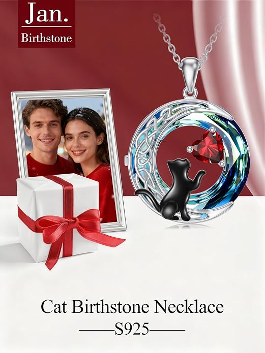 TOUPOP Cat Gifts for Cats Lovers 925 Sterling Silver Black Cat Necklace Celtic Moon Birthstone Jewelry for Women Anniversary Birthday Gift for Her Wife Mom