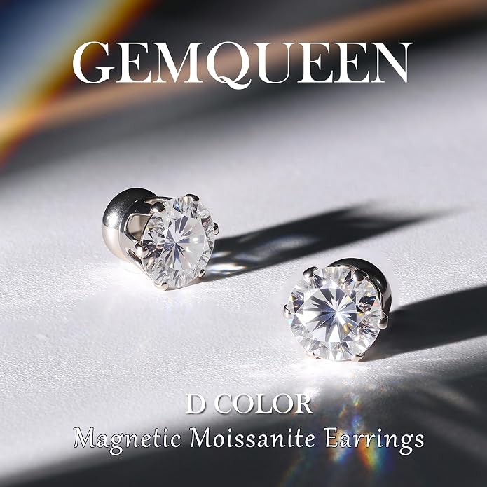 GEMQUEEN Moissanite Magnetic Earrings for Men Women : 18K White Gold Plated Hypoallergenic Stainless Steel Non Piercing Clip on Fake Earrings Studs Dainty Moissanite Earring Jewelry D Color VVS1
