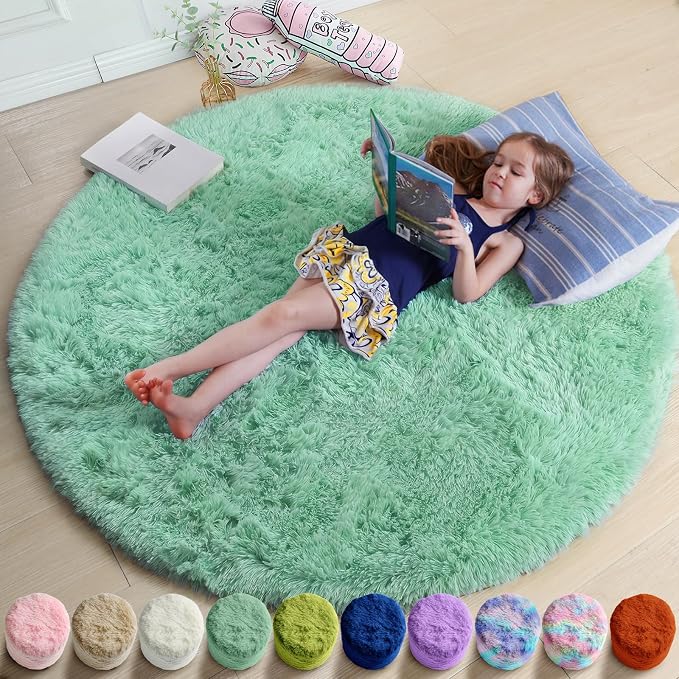 Amdrebio Sage Green Round Rug 4Ft for Bedroom Aesthetic, Fluffy Furry Circle Rugs for Nursery, Classroom, Teen Boys, Baby Kids Room Decor, Cute Shaggy Area Rug for Dorm, Fuzzy Plush Light Mint Carpet