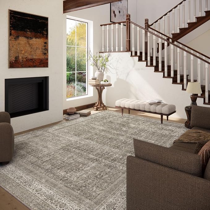 Washable Area Rugs for Living Room: 9x12 Bedroom Rug Boho Vintage Area Rug Stain Resistant Non Slip Low Pile Lightweight Soft Carpets for Dining Room Kitchen Nursery Kids Room Farmhouse