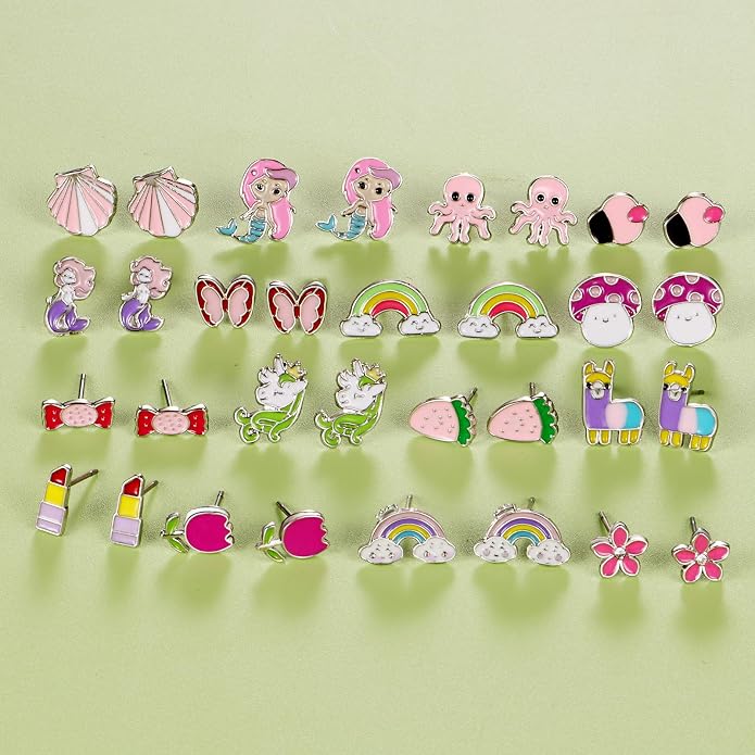 60 Pairs Cute Earrings Set - Hypoallergenic Stainless Steel Studs with Cartoon Characters, Colorful Faux Pearls & Sparkling Cubic Zirconias