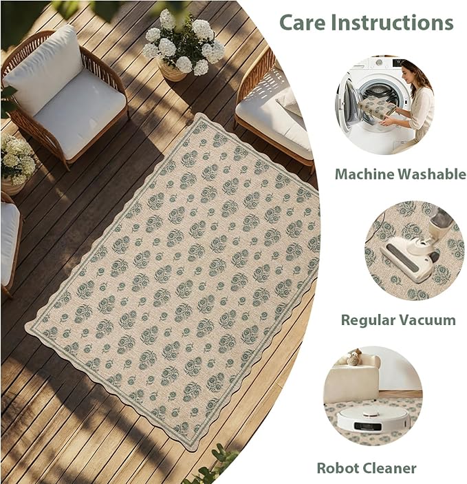 ORTIGIA Scalloped Easy Jute 5x7 Area Rug Vintage Green Floral Accent Farmhouse Washable Rug Non-Slip Indoor Outdoor Carpet for Living Room Bedroom Patio Entryway
