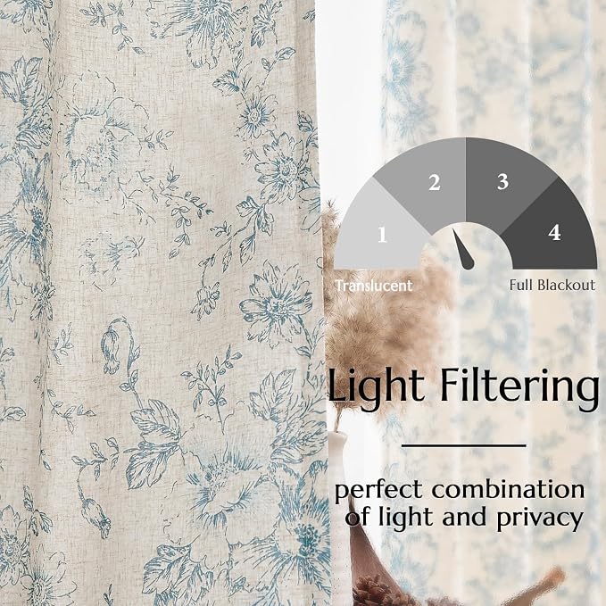jinchan Floral Linen Curtains Lined 108 Inch Farmhouse Back Tab 2 Panels | Privacy lining, light filtering drapes, vintage, cottagecore, french country, rustic, bedroom, living room, window treatment