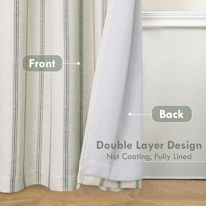 DriftAway Farmhouse Stripe Blackout Curtains, W52xL96, Loden Green | Blackout, Linen Texture, Stripe Pattern, Rod Pocket & Back Tab, Two Layers, Bedroom Living Room Use, Sound Reducing Design