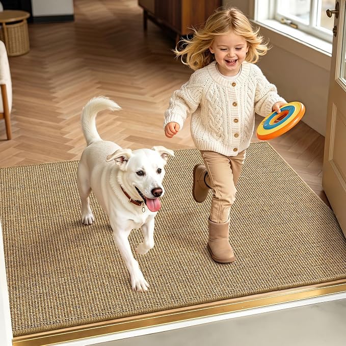 LUMI Indoor Door Mat 48"x72", Non-Slip Handwoven Sisal Rug, Solid Brown | Handcrafted Natural Sisal Fibers, Reinforced Edges Resist Fraying, 0.2" Low-Profile Doormat, Dot-Coated Non-Slip Backing