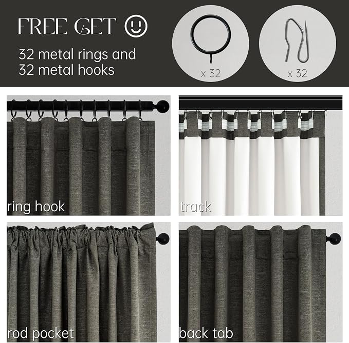 Topfinel Extra Long Grey Linen Blackout Curtains 120 inches Long Thermal Insulated Energy Efficient Window Treatments for Bedroom Living Room Office Back Tab Rod Pocket, W52xL120, 2 Panels