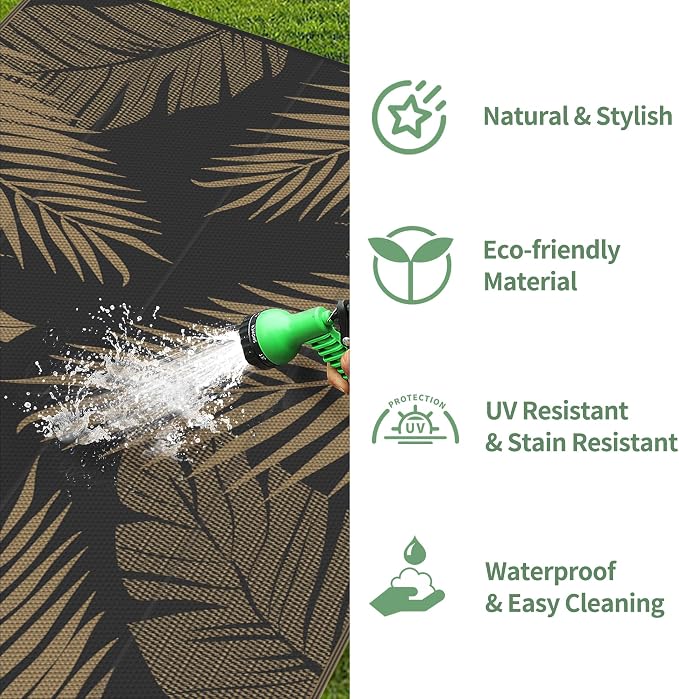 GENIMO Outdoor Rug, Waterproof Plastic Rugs for Patio, 4'x6' Black Brown | Outside Larger Leaf Carpet Mat for Porch Decor, Deck, Balcony, Camping, RV, Backyard, Picnic, Beach, Reversible, Foldable
