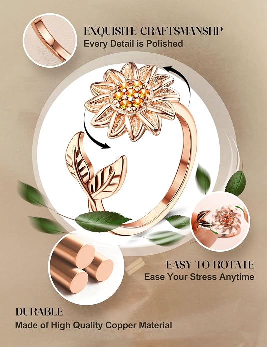 FIBO STEEL 9 Pcs Fidget Anxiety Rings for Women Men Spinner Rings for Anxiety Relieving Stress Open CZ Flower Moon Star Anti Rotatable Rings Adjustable