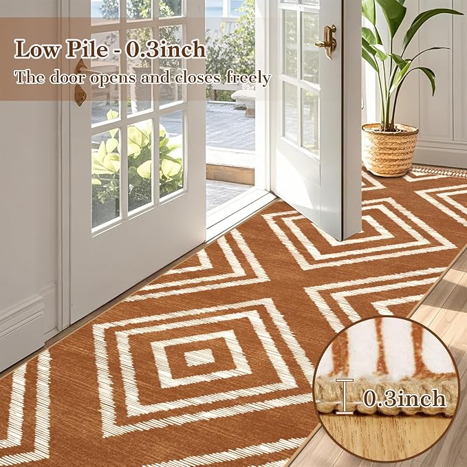 Boho Runner Rugs for Hallway 2.6x12ft Non Slip, Long Brown Washable Farmhouse Kitchen Rug Runners Non Shedding, Moroccan Floor Carpets for Doorway Entryway Living Room Home Decor