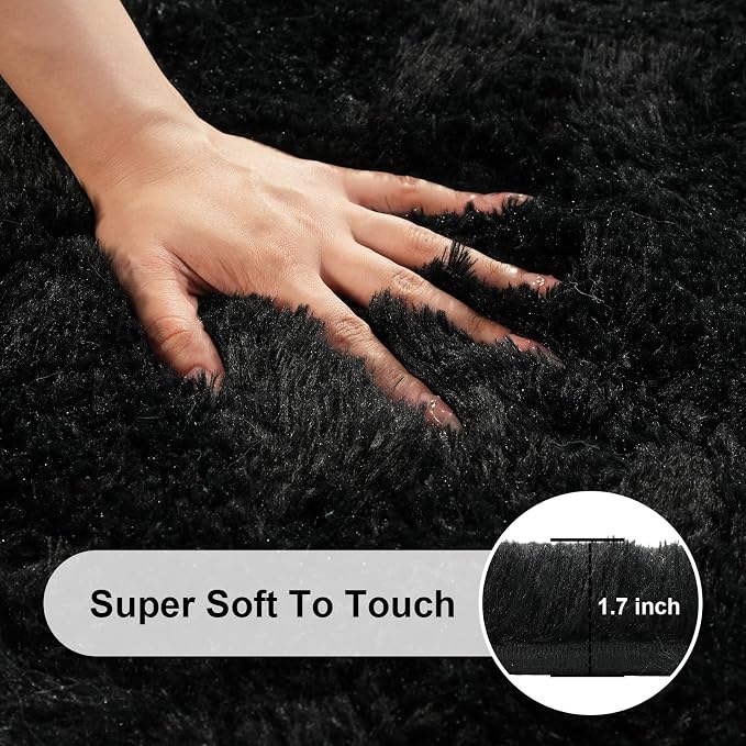 Black Rugs for Bedroom, 2x3 Fluffy Area Rugs for Living Room, Small Fuzzy Shag Soft Carpet with 4 Non-Slip Adhesive Strips for Kids Boys and Girls Nursery Dorm Room Home Decor (2ft X 3ft)