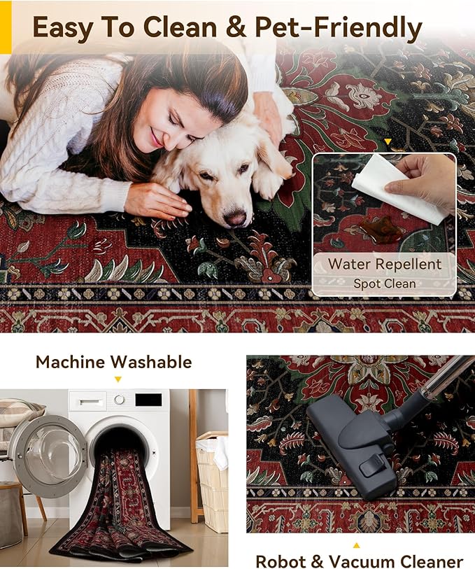 RELEANY Area Rugs 4'x5' Washable Non-Slip, Floral Vintage Distress Medallion Carpet for Living Room Bedroom Dining Room, Red Black