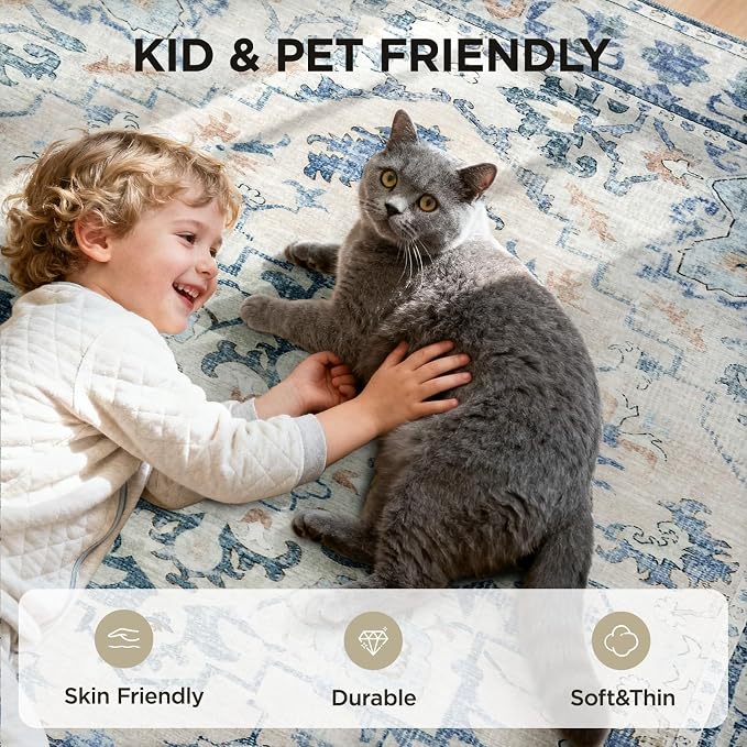 Joydeco 8x10 Area Rugs for Living Room, Non Slip Machine Washable Vintage Rug, Low Pile Chenille Print Rugs for Bedroom, Dining Room, Home Office, Pet & Child Friendly, Blue&Grey
