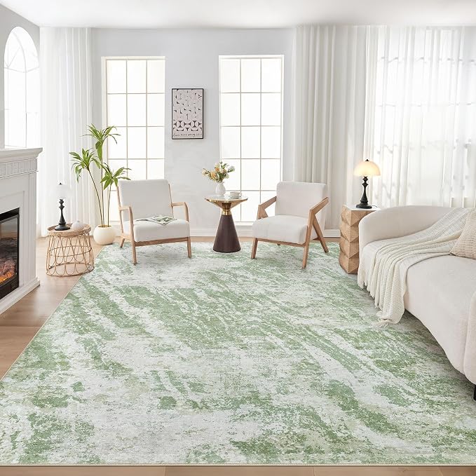 DMOYEST 8x10 Washable Area Rug: Abstract Modern Non-Slip Carpet, Soft Low Pile Indoor Neutral Easy Clean Floor Rugs for Living Room Bedroom Dining Room Kids & Pets - Green